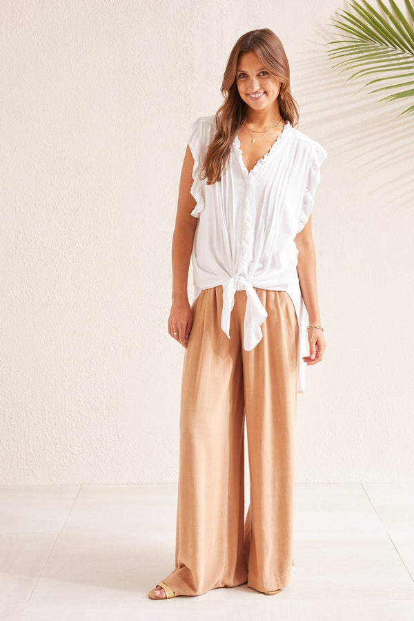 Pull On Linen Blend Flowy Pants With Pockets