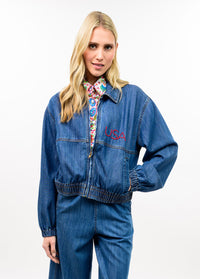 Denim Flag Bomber Jacket