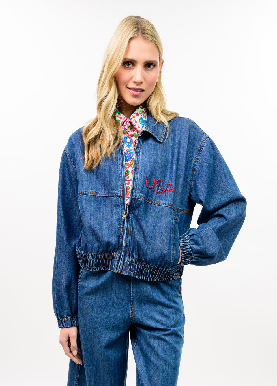 Denim Flag Bomber Jacket