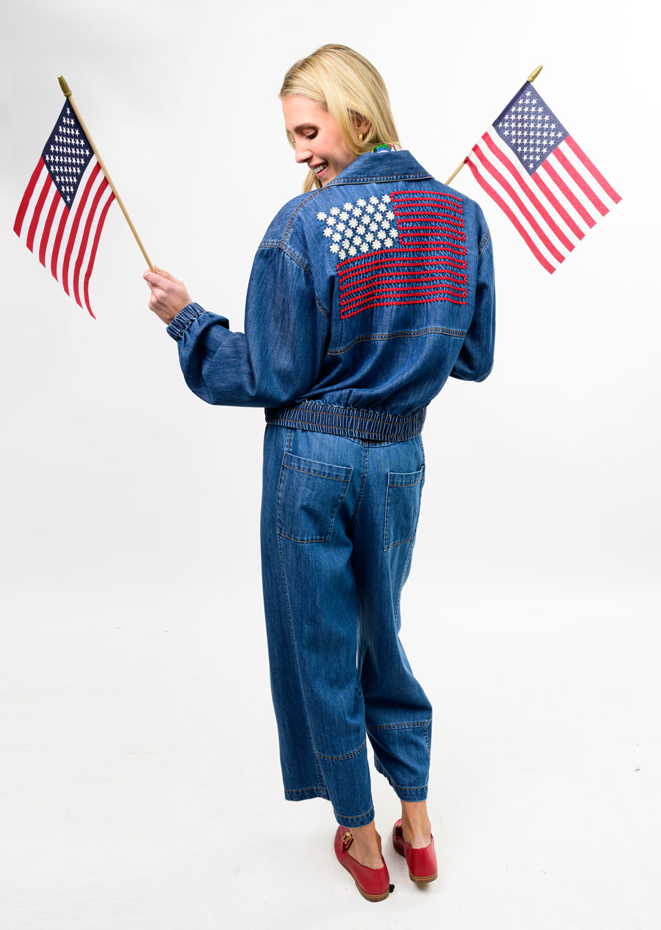 Denim Flag Bomber Jacket