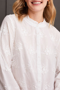 Button Front Blouse with Ruffle Collar