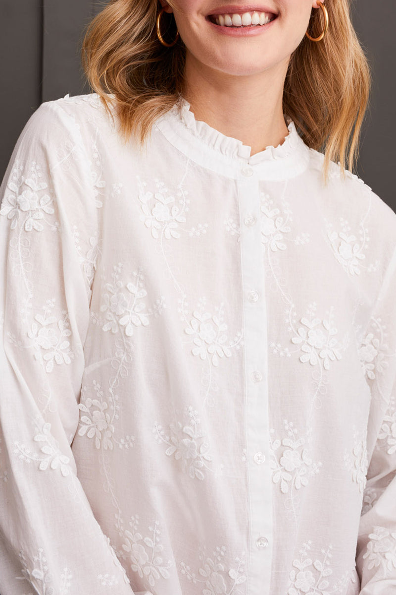 Button Front Blouse with Ruffle Collar