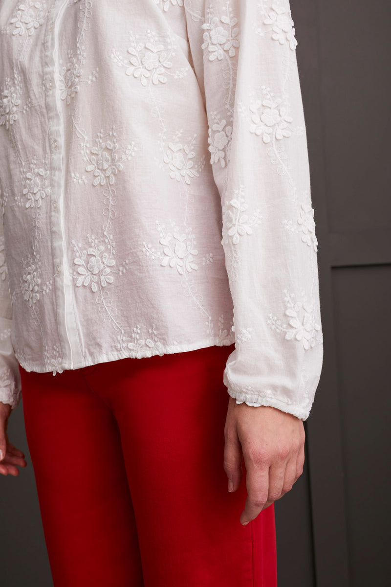 Button Front Blouse with Ruffle Collar