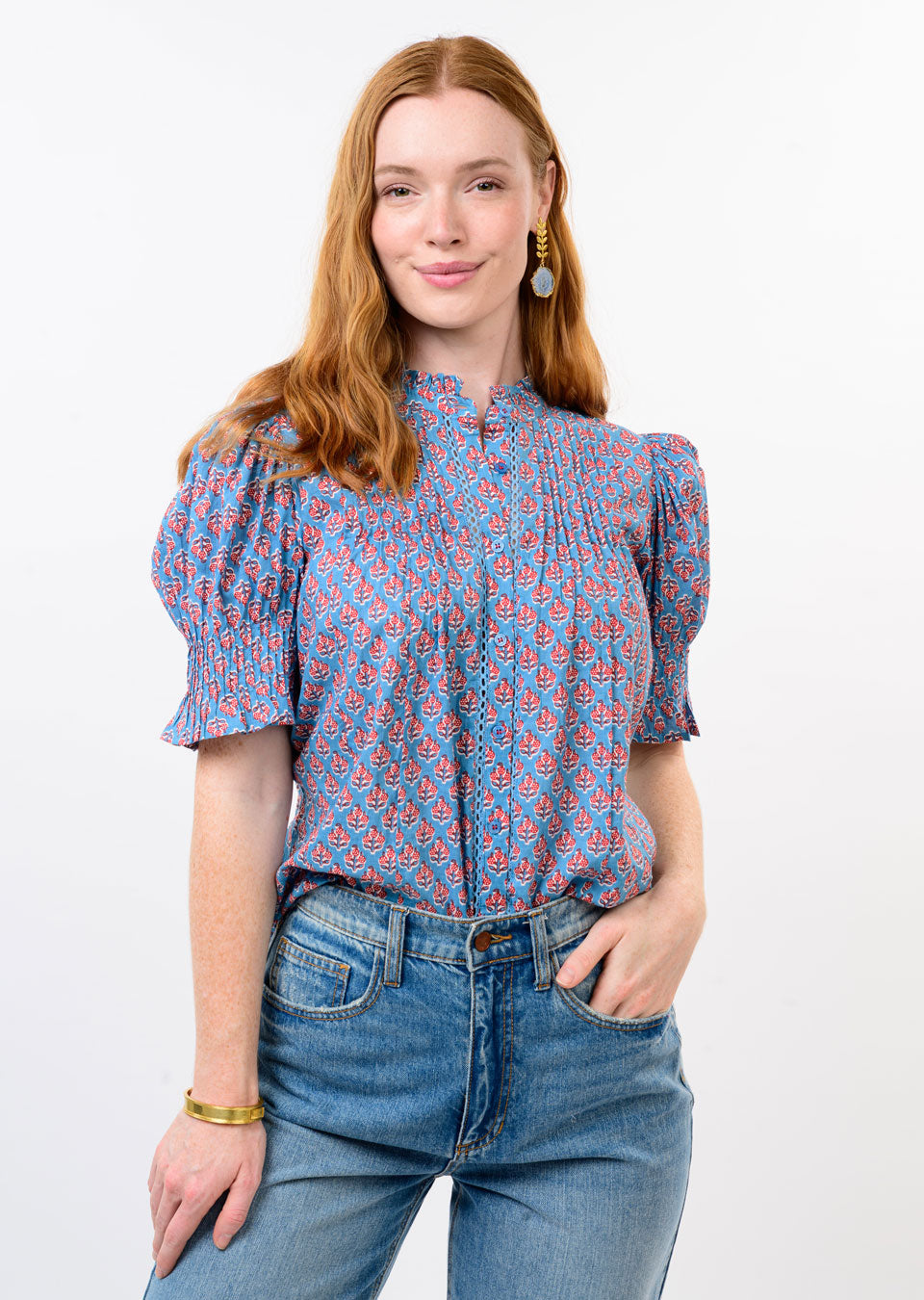 Block Floral Tuck Blouse