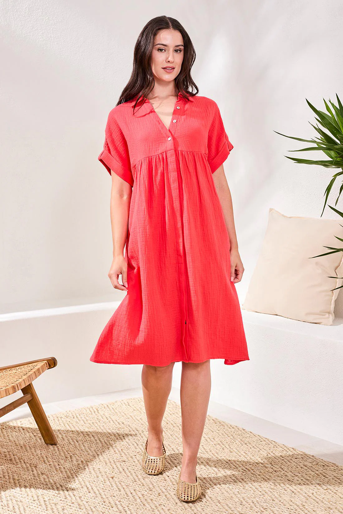 Crinkle Short Sleeve Midi Dress