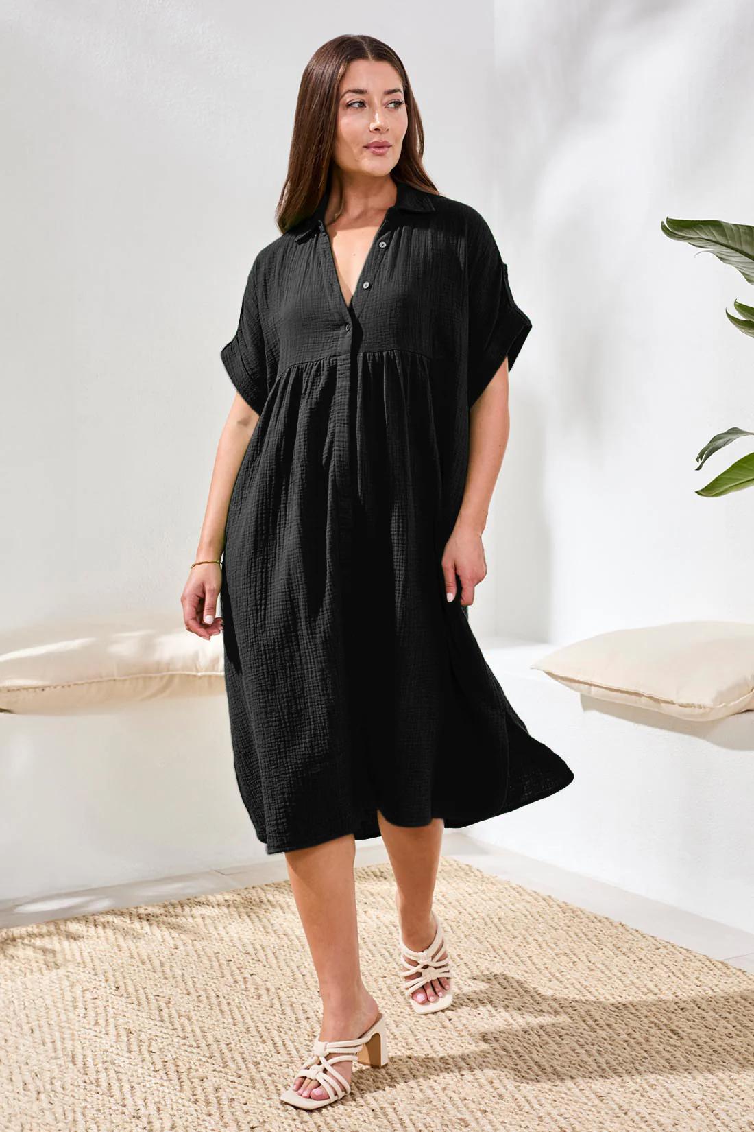 Crinkle Short Sleeve Midi Dress
