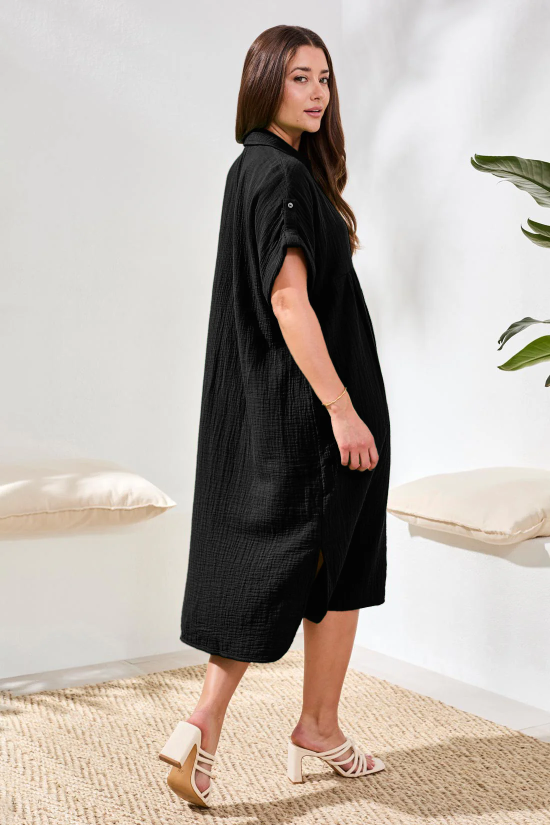 Crinkle Short Sleeve Midi Dress