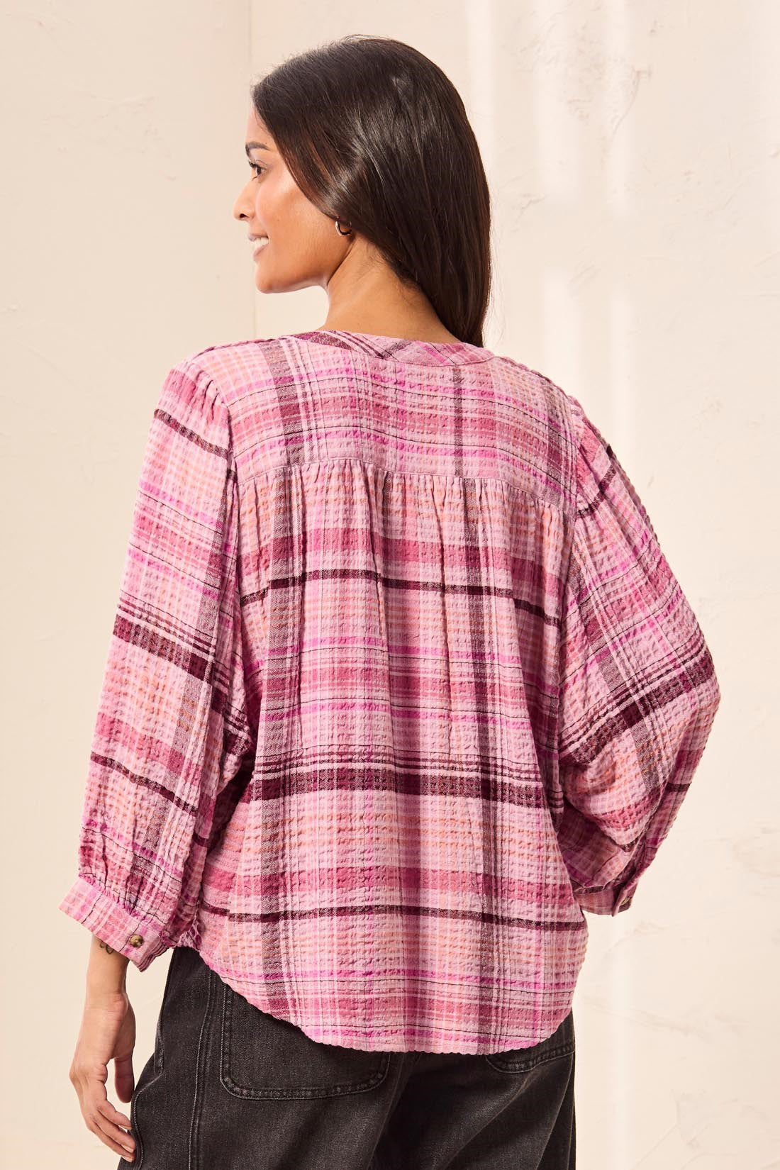 Waffle Knit Plaid Blouse