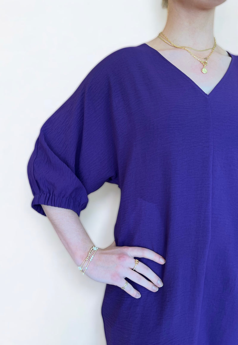 Dolman Elastic Sleeve V-Neck Dress