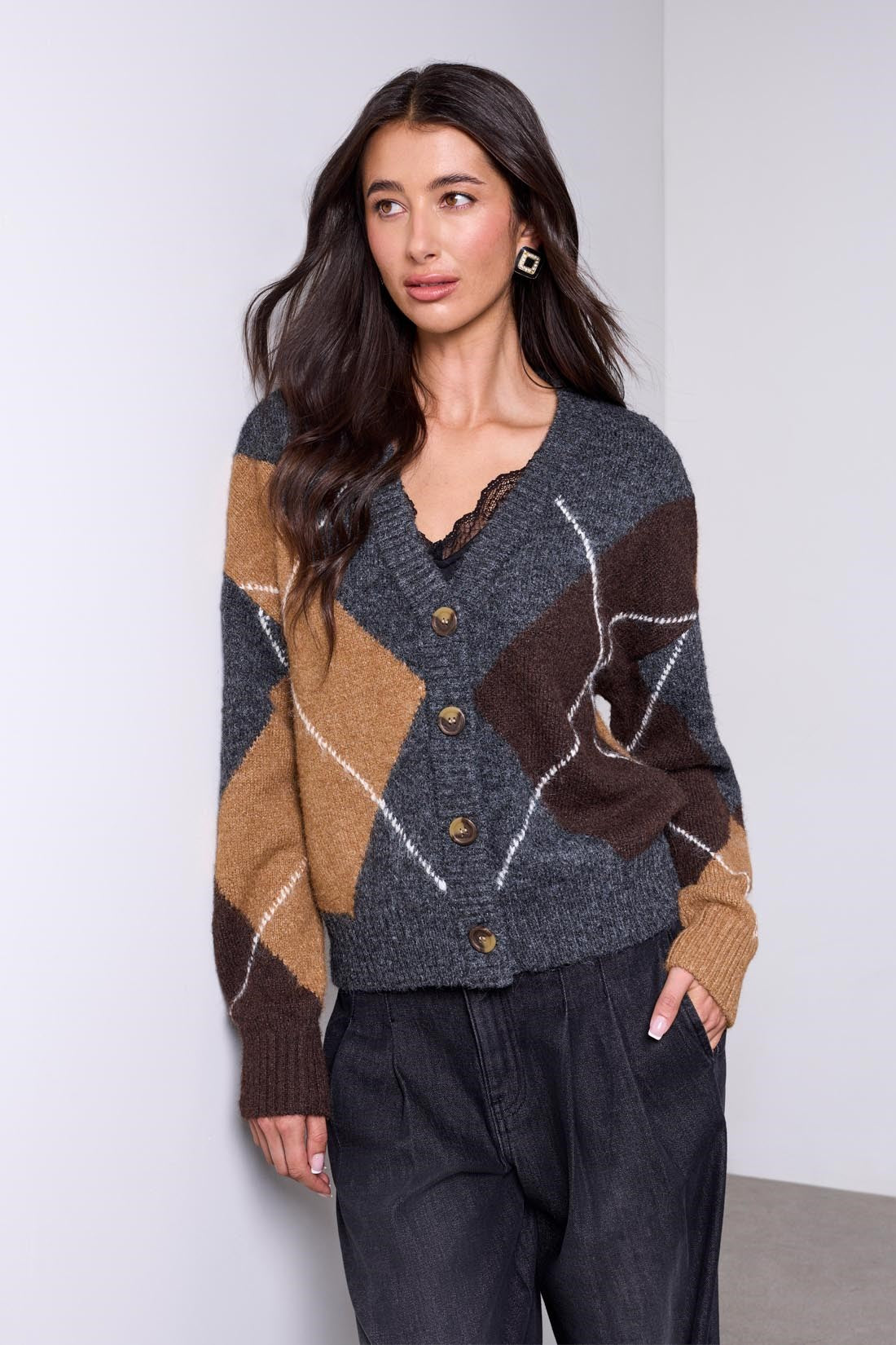 BLUE THREAD by Tribal Diamond Pattern Button Front Knit Cardigan