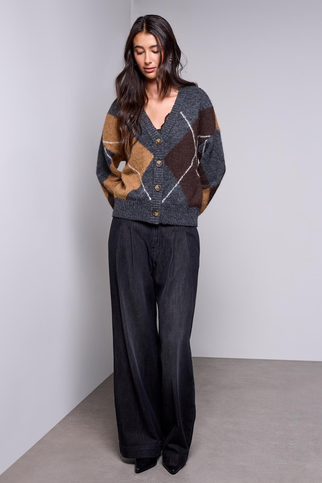 BLUE THREAD by Tribal Diamond Pattern Button Front Knit Cardigan
