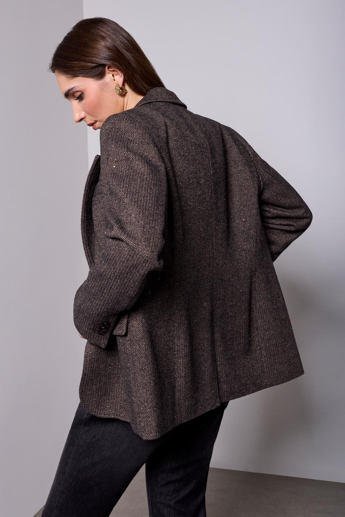 BLUE THREAD by Tribal Herringbone Notched Lapel Tweed Blazer