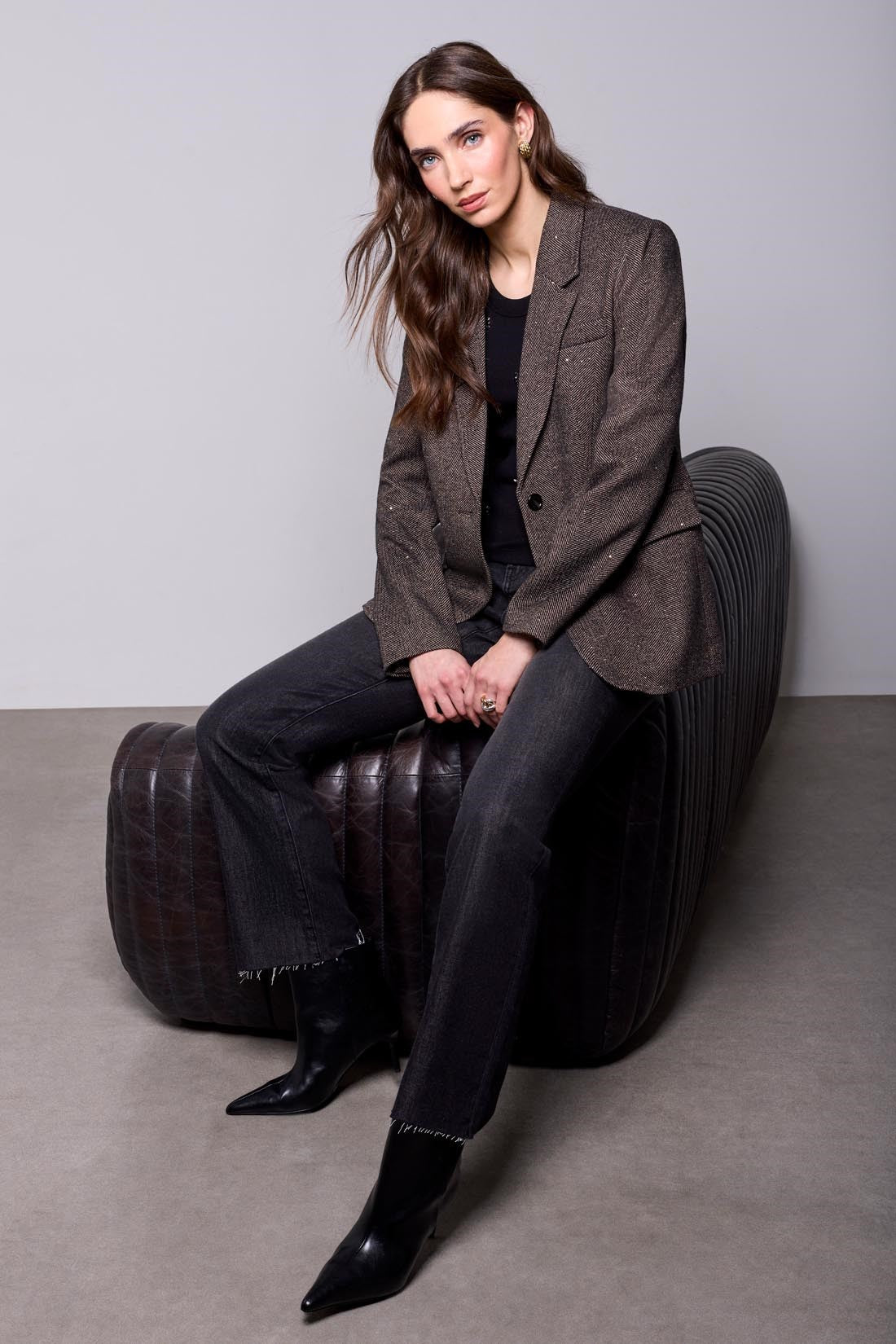 BLUE THREAD by Tribal Herringbone Notched Lapel Tweed Blazer