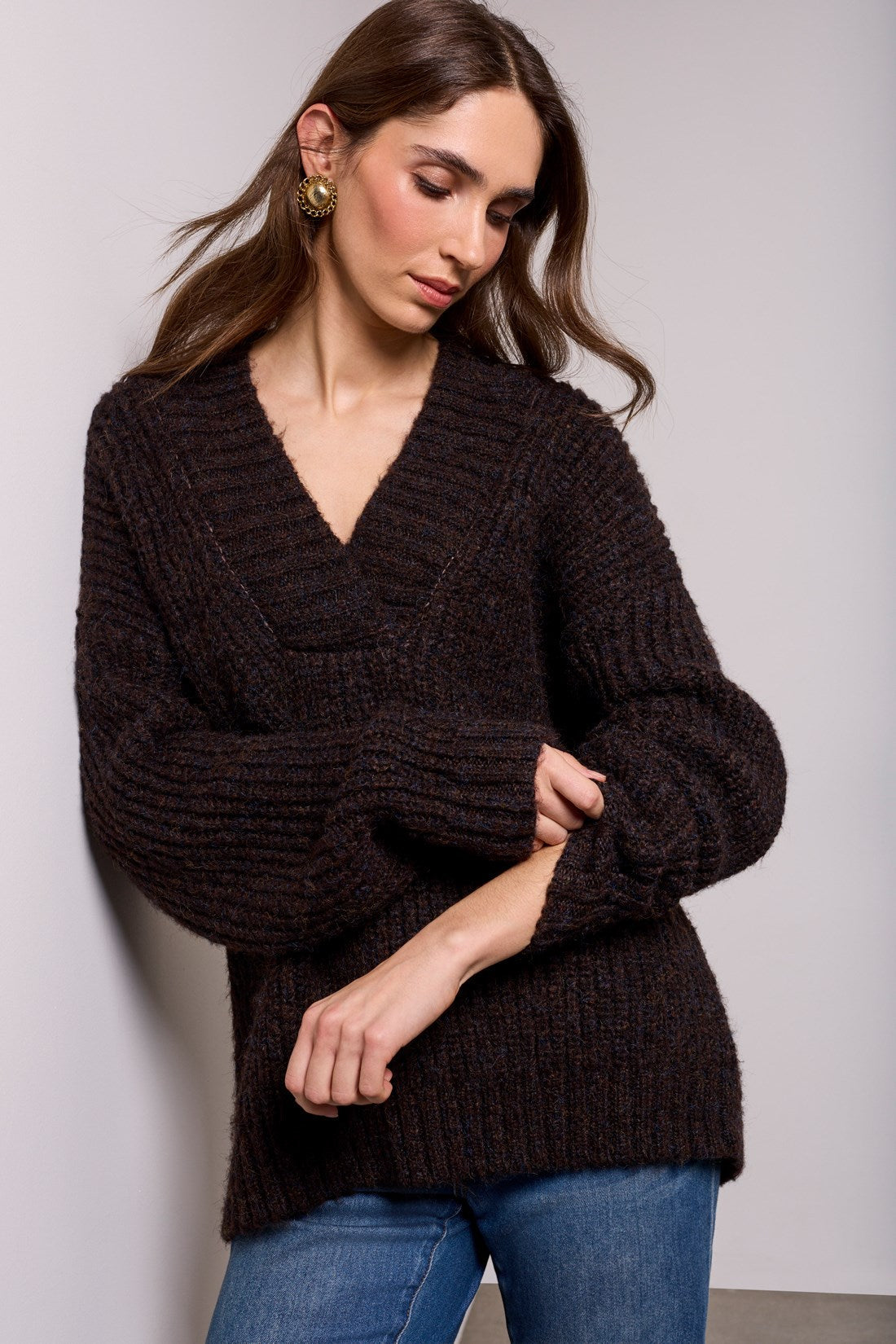 BLUE THREAD by Tribal Oversized Chunky Ribbed Deep V-Neck Knit Sweater