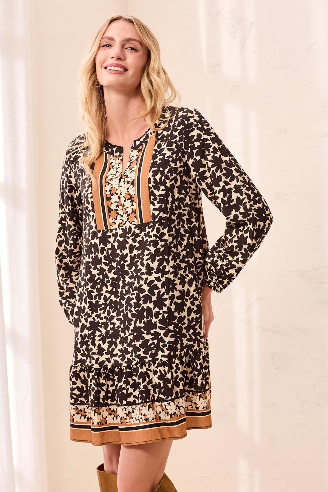 Empire Waist Long Sleeve Split Neck Tunic Dress