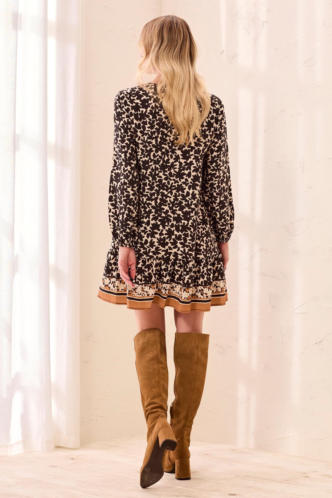 Empire Waist Long Sleeve Split Neck Tunic Dress
