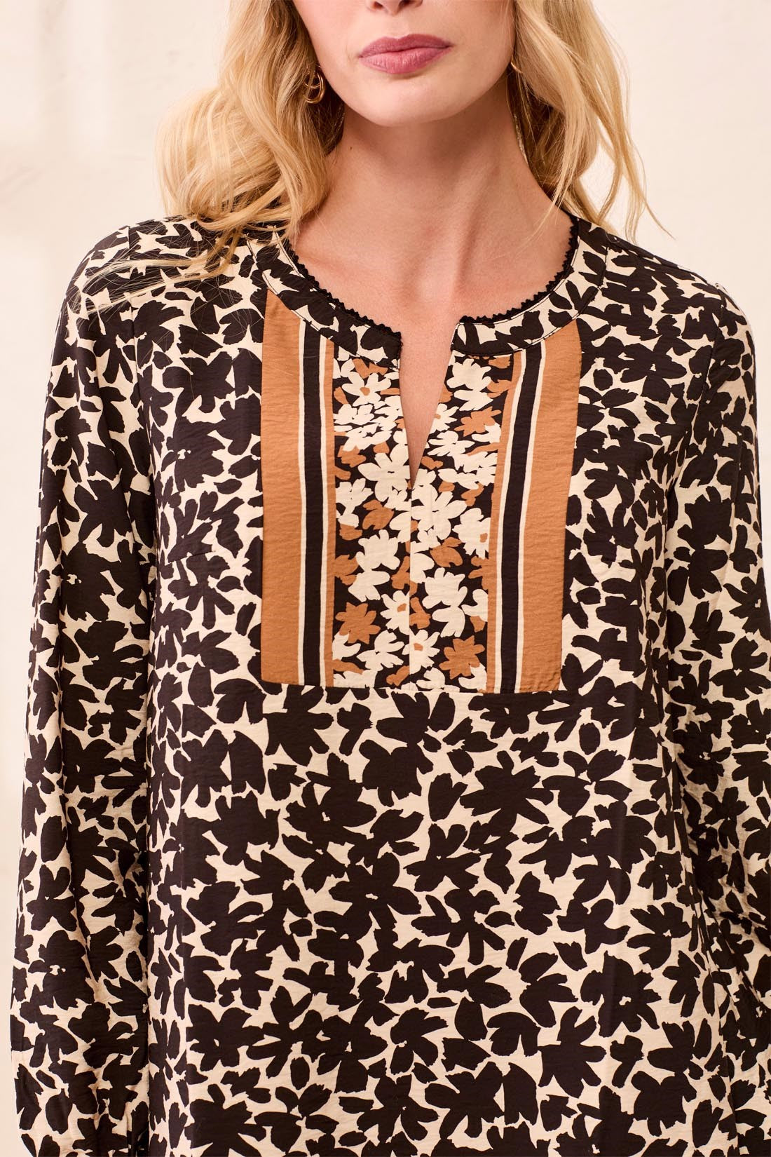 Empire Waist Long Sleeve Split Neck Tunic Dress