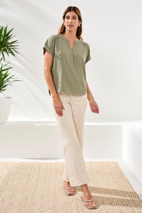 Button-Front Extended Cap Sleeve Blouse