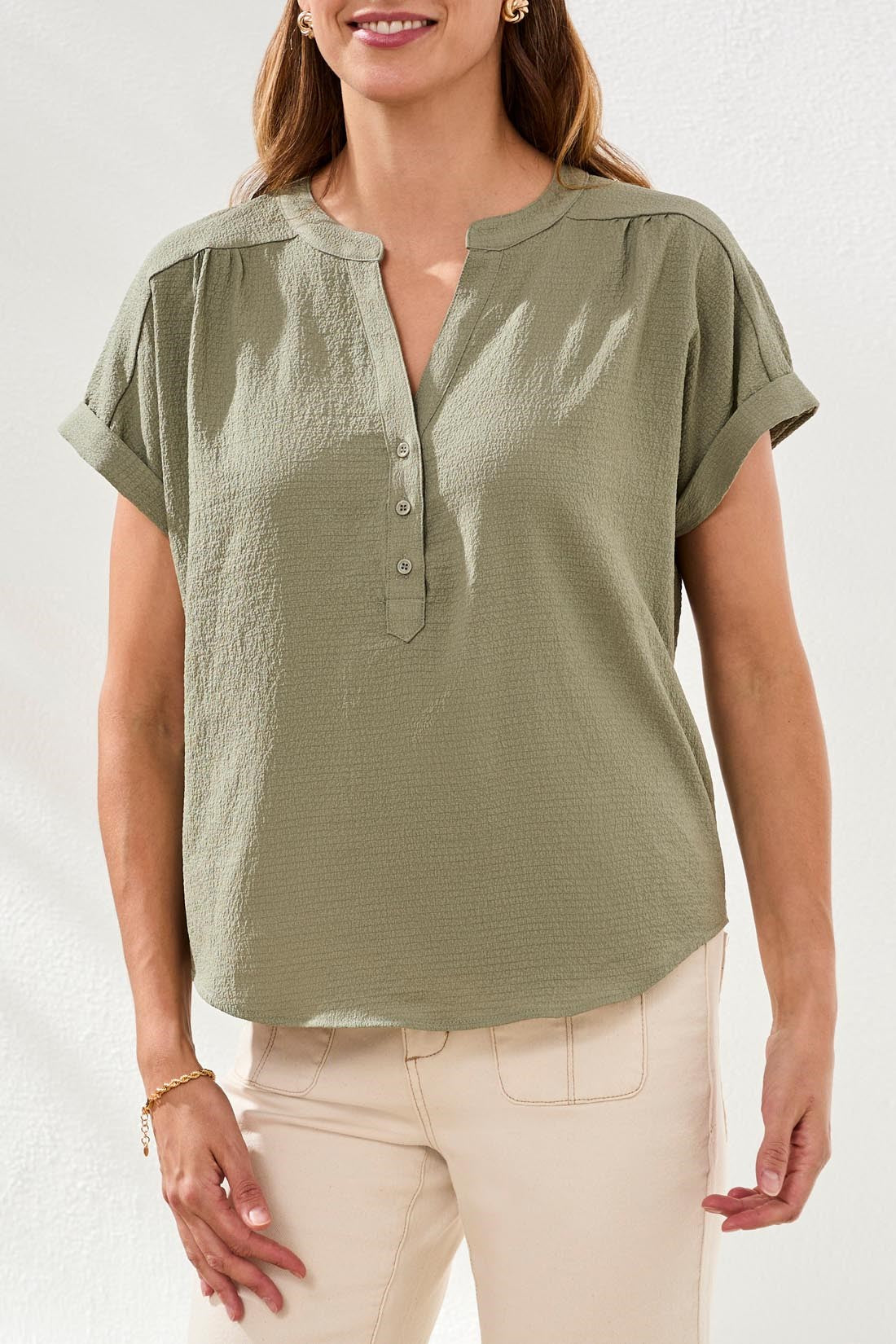 Button-Front Extended Cap Sleeve Blouse