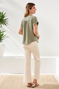 Button-Front Extended Cap Sleeve Blouse