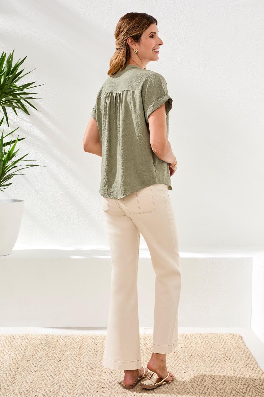Button-Front Extended Cap Sleeve Blouse