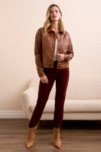 Faux Leather Button-Front Collar Jacket