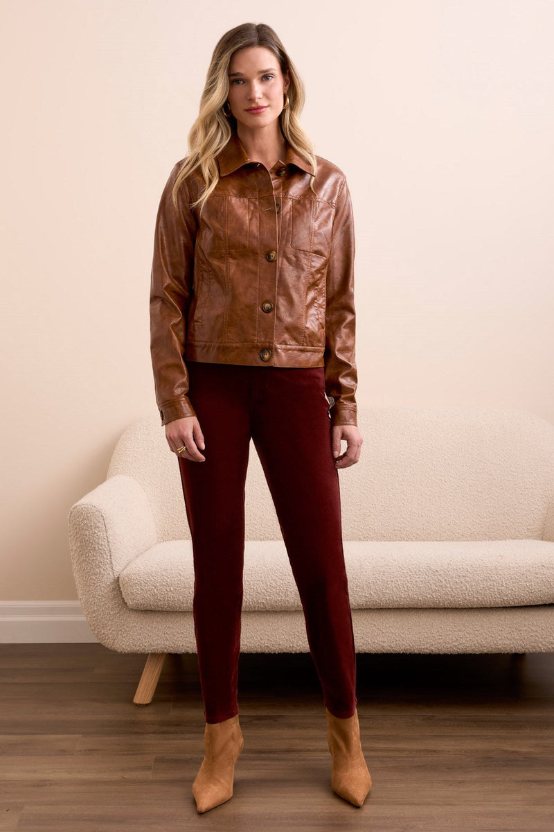 Faux Leather Button-Front Collar Jacket