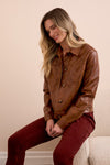 Faux Leather Button-Front Collar Jacket