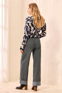 Lightweight Striped Wide Leg Cuffed Ankle Pant