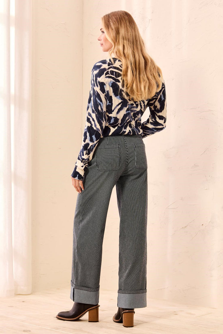 Lightweight Striped Wide Leg Cuffed Ankle Pant