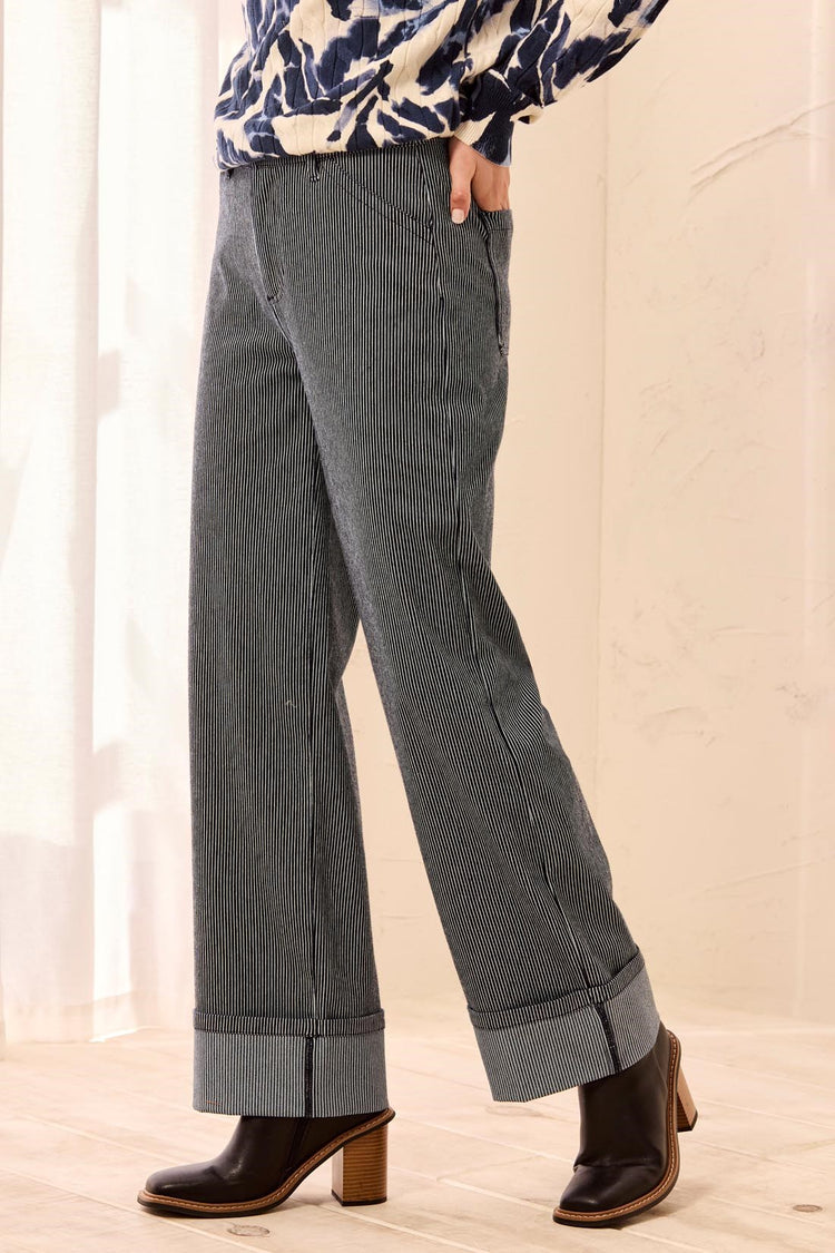 Lightweight Striped Wide Leg Cuffed Ankle Pant