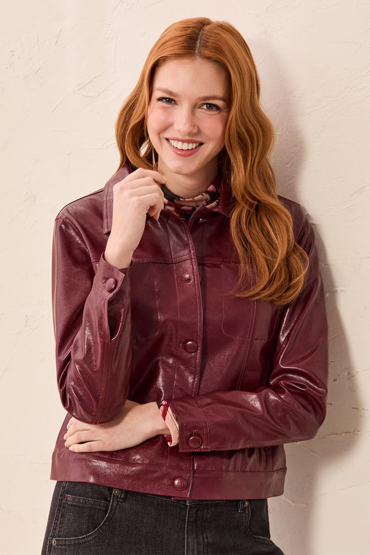 Lined Faux Leather Button Front Jacket