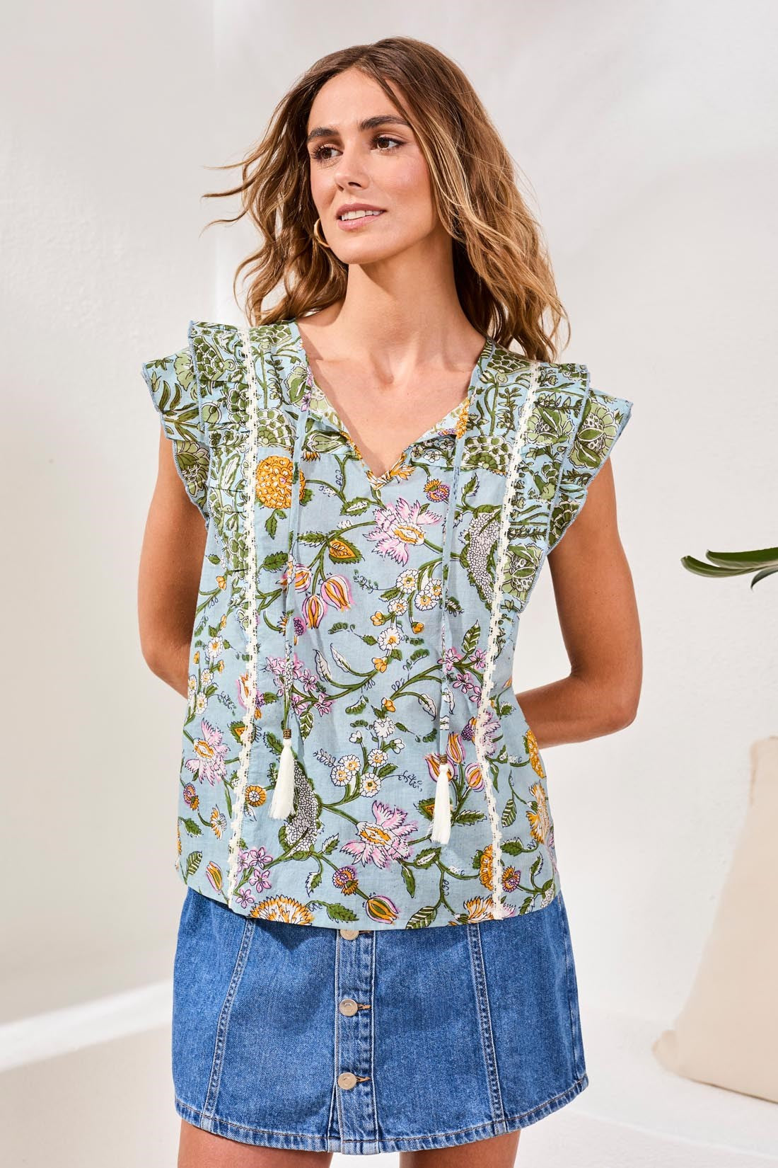 Poplin Novelty Blouse With Frill Cap Sleeves