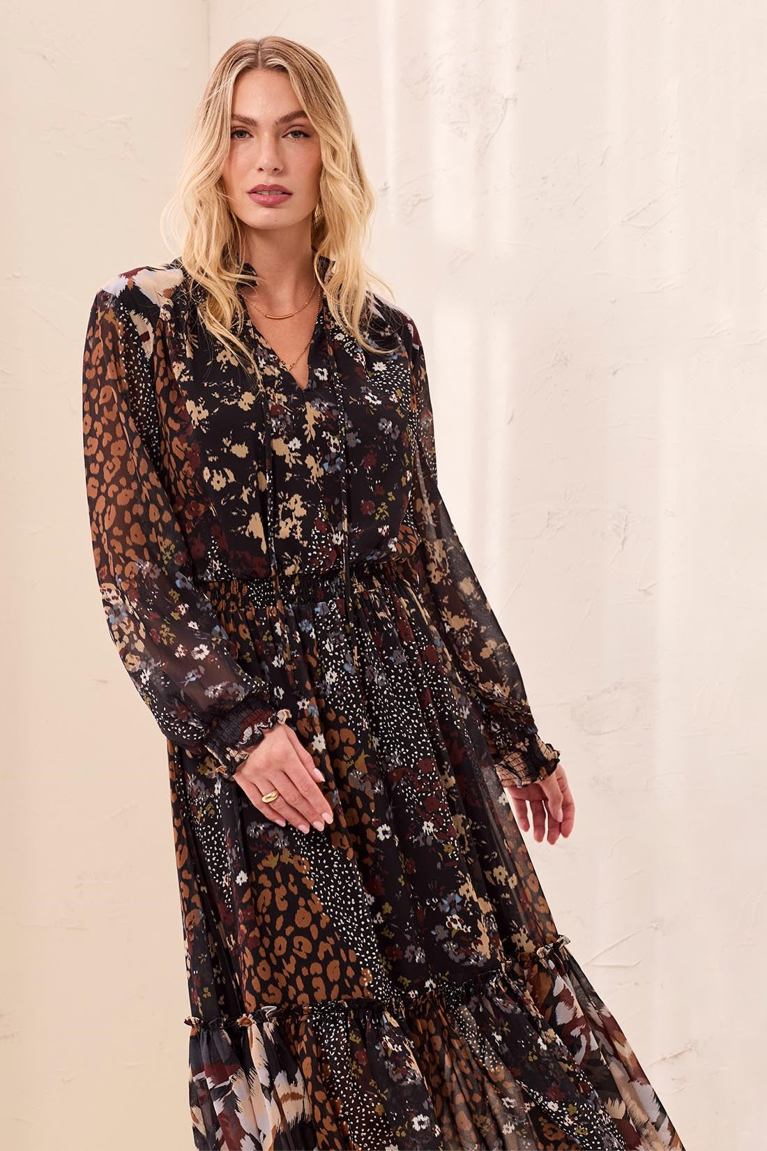Mixed Print Drama Maxi Dress With Smocked Waist And Tassel-Tie Neck