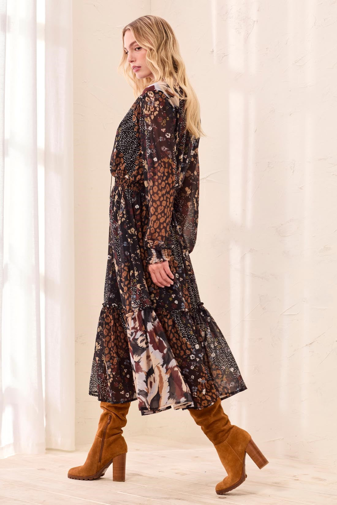 Mixed Print Drama Maxi Dress With Smocked Waist And Tassel-Tie Neck