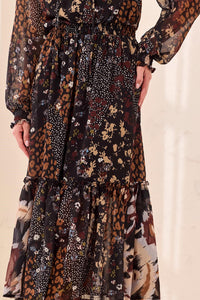 Mixed Print Drama Maxi Dress With Smocked Waist And Tassel-Tie Neck