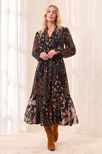 Mixed Print Drama Maxi Dress With Smocked Waist And Tassel-Tie Neck