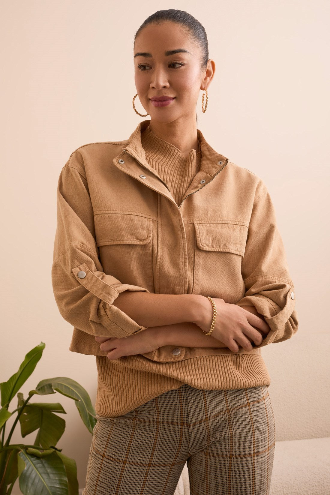 Slub Twill Zip-Front Mock Neck Jacket