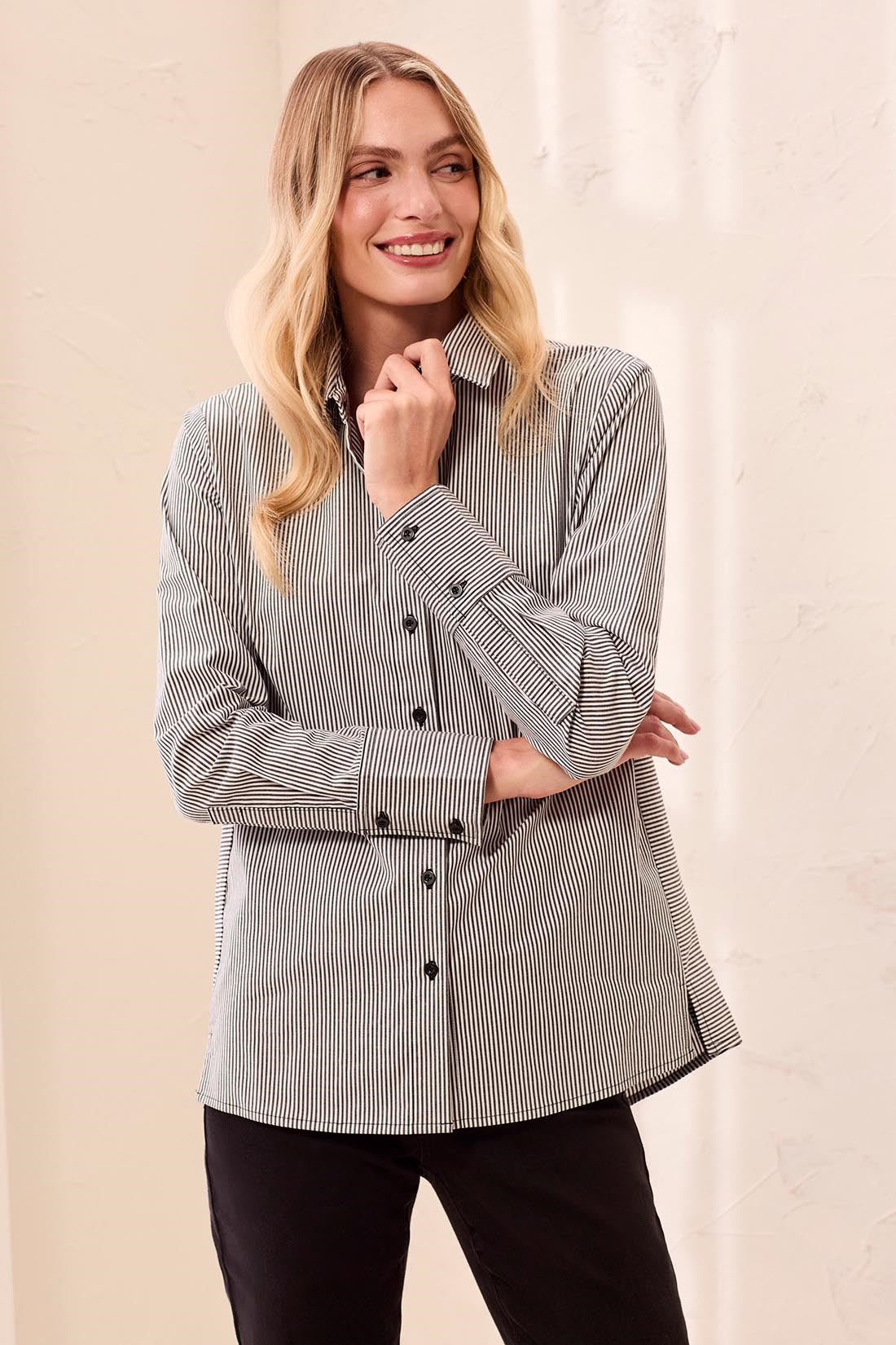 Striped Stretch Poplin Long Sleeve Button Front Shirt