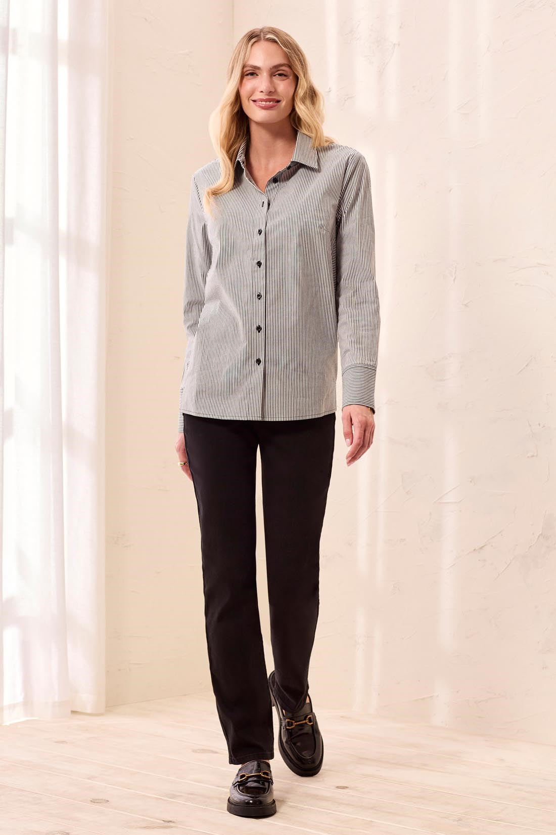 Striped Stretch Poplin Long Sleeve Button Front Shirt