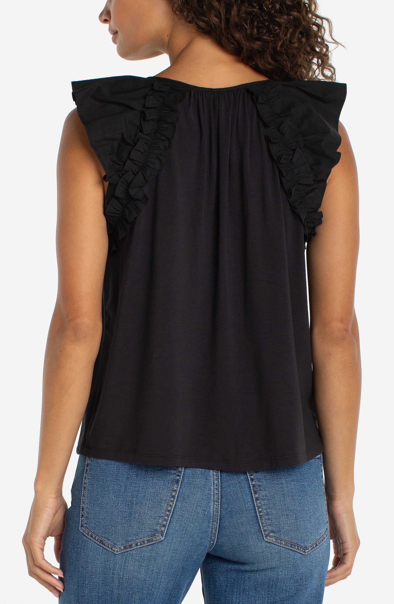 Flutter Sleeve Knit-to-Woven Top w/ Ties