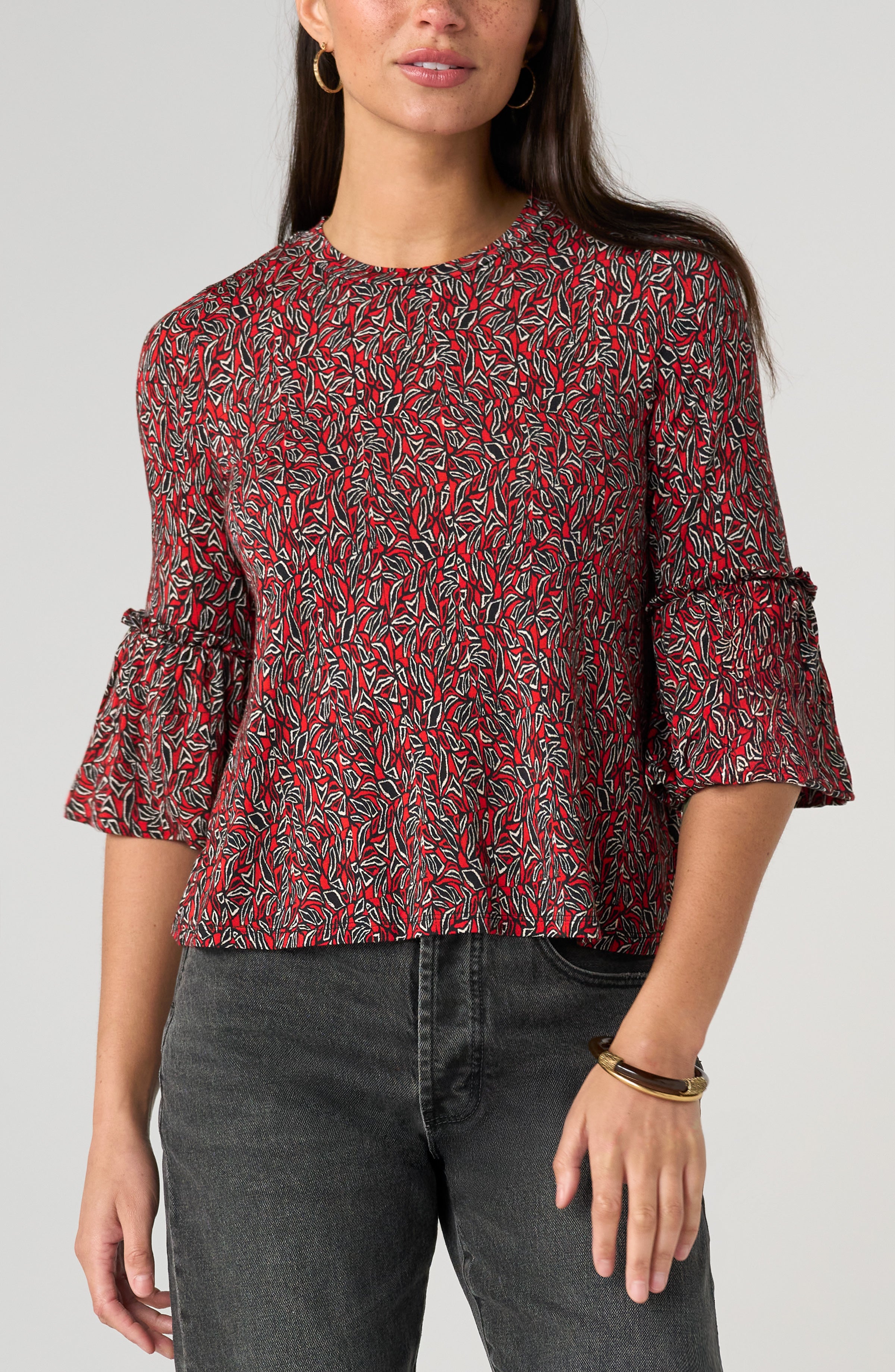 Jewel Neck Flared Sleeve Top