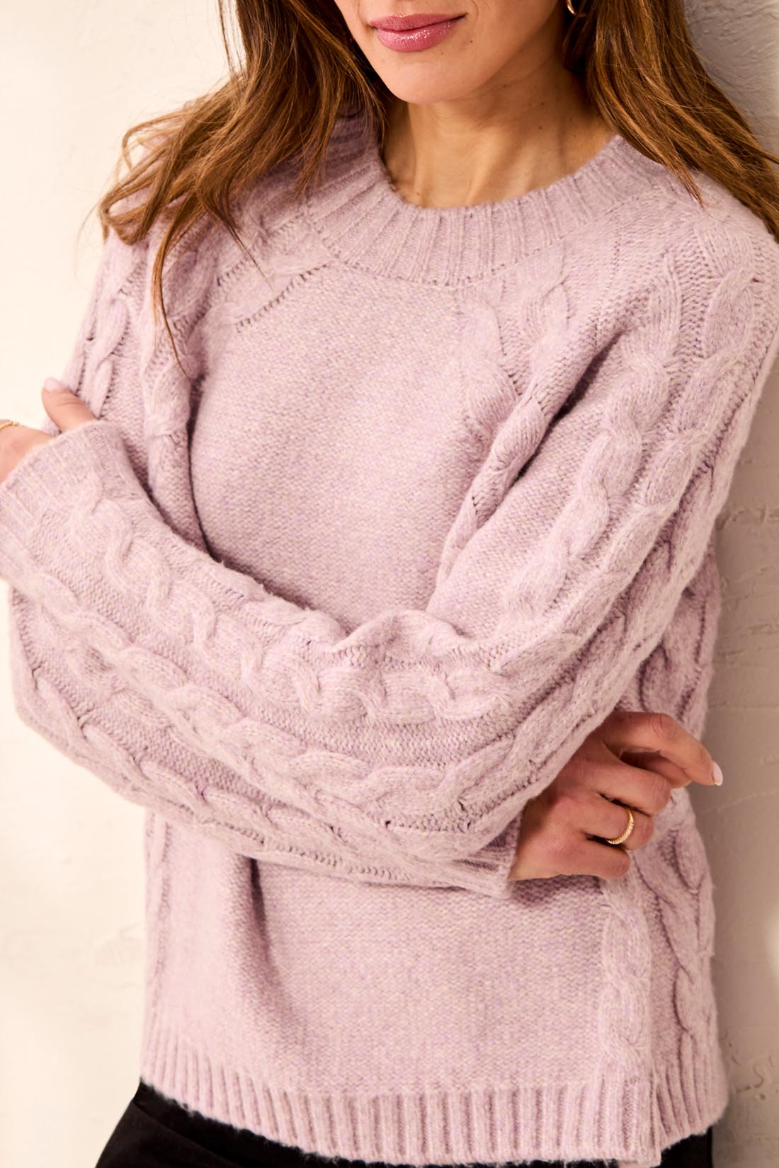 Long Sleeve Crewneck Sweater with Cables