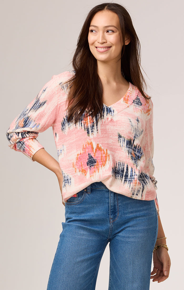 Abstract Floral V-Neck Sweater