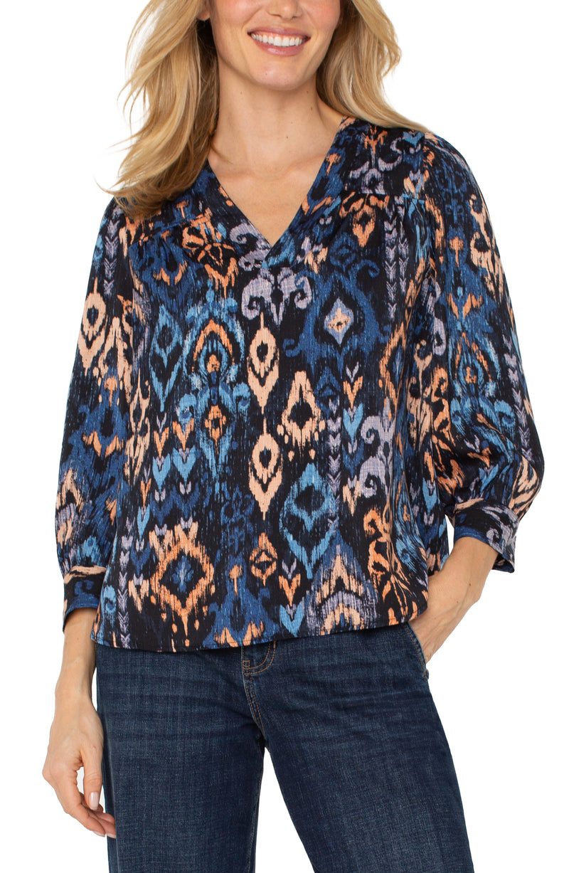 3/4 Sleeve Neck Popover Woven Blouse